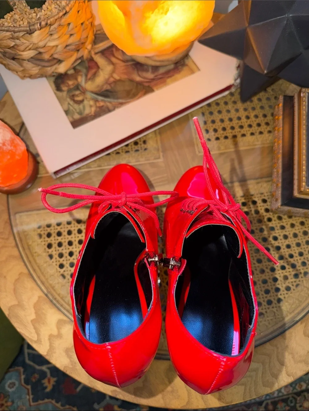 Red Patent Platform Lace-Up High Heel Booties - Women